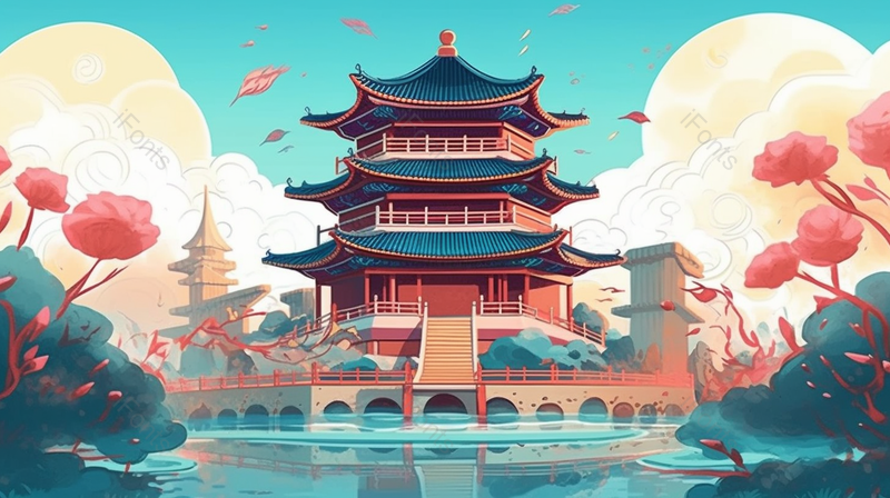 正面塔中国古代亭台楼阁绿色自然风景斗拱古建筑湖泊插画,插画/手绘图,插画/手绘图库,插画/手绘图下载,插画/手绘